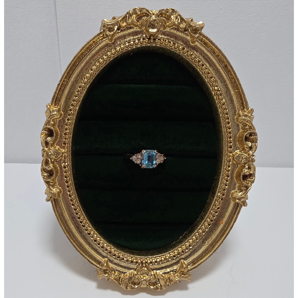 Vintage Emerald Cut Blue Stone Gold Tone Cocktail Ring Size 8